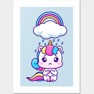 Cute Sad Unicorn Sitting Under Rain Cloud With Rainbow Cartoon Posters and Art